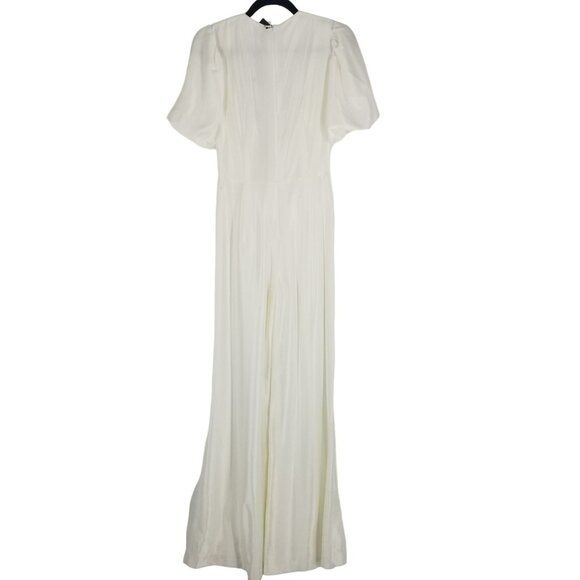 Galvan London Eden Deep V Wide Leg White Satin Bridal Jumpsuit Puff Sleeve Bride - Picture 12 of 16